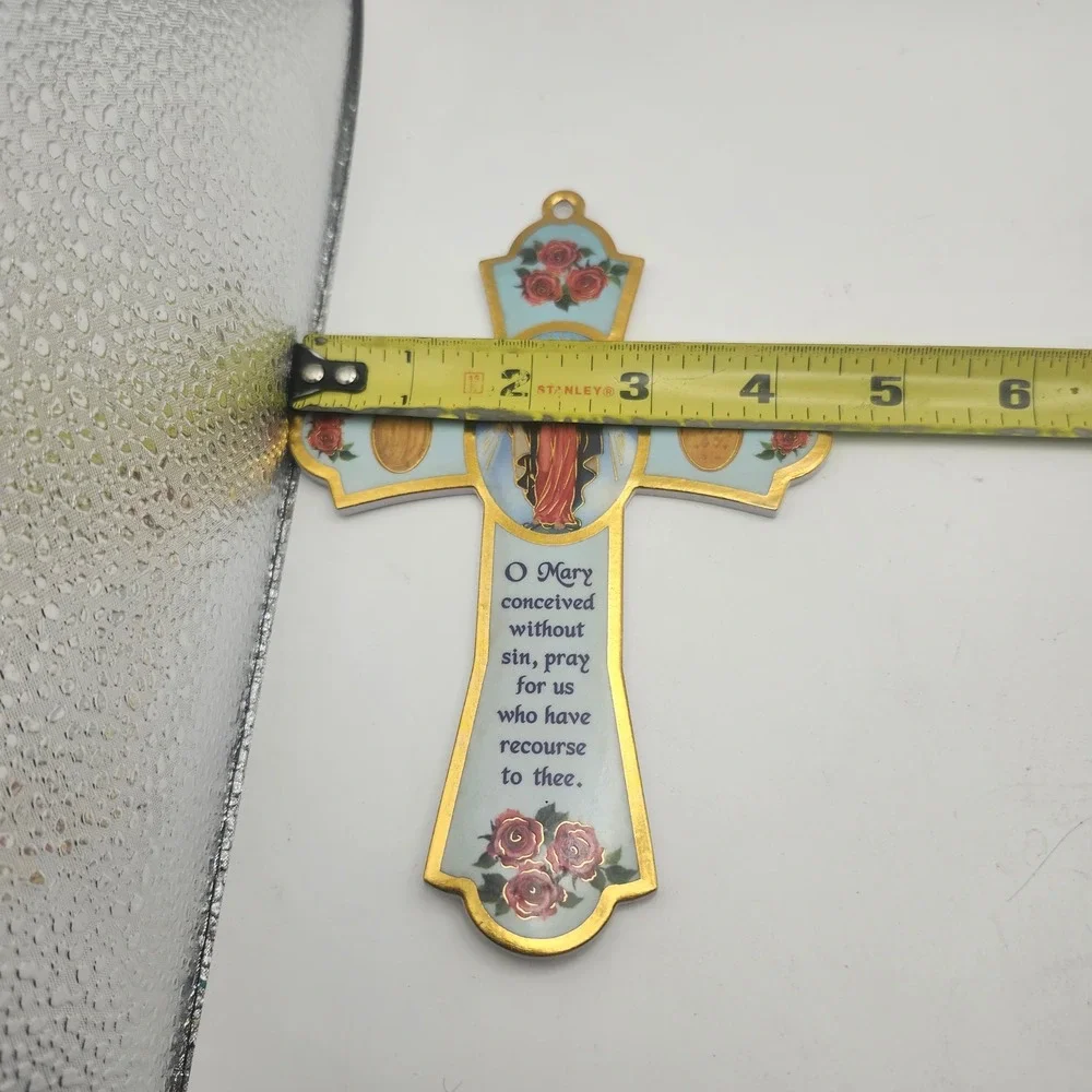 Our Lady Miraculous Medal Catholic Virgin Mary Roses Prayer Wall Cross Decor